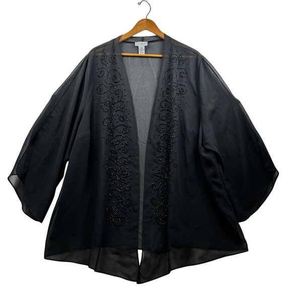 CATHERINE'S Sheer Beaded Cocktail Glamour Elegant Black Kimono Jacket Sz 32W - Picture 3 of 7